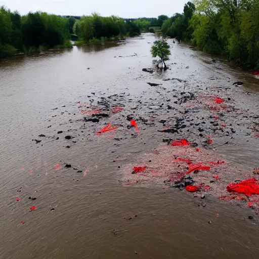 Image similar to odra river filled with blood and bodies of dead fauna in decay, high quality, informative press report photo 1 / 8 f