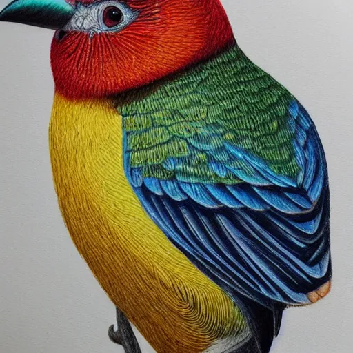 Image similar to Colored pencil art on paper, Tropical Bird, highly detailed, artstation, MasterPiece, Award-Winning, Caran d'Ache Luminance