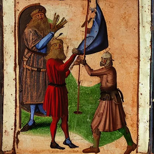 Prompt: a realistic medieval painting of a large bearded man being knighted