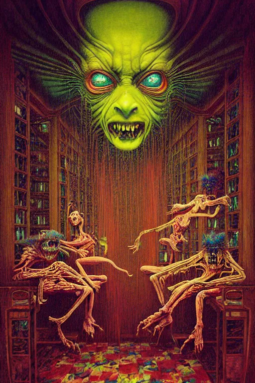 Image similar to a hyperrealistic painting of a haunted hotel lobby with scary maids and evil front desk clerk, cinematic horror by chris cunningham, lisa frank, richard corben, highly detailed, vivid color, beksinski painting, part by adrian ghenie and gerhard richter. art by takato yamamoto. masterpiece