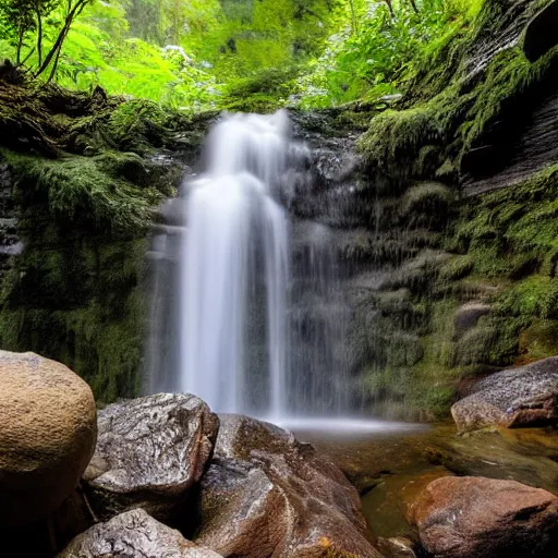 Image similar to A hidden waterfall, tucked away in a secluded forest, with the sound of the water cascading down the rocks, in a peaceful and calming style.
