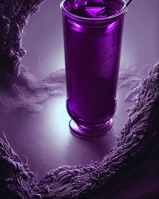Image similar to cup of codeine, purple liquid in cup glowing, fantasy, dramatic, intricate, elegant, highly detailed, digital painting, artstation, concept art, smooth, sharp focus, illustration, art by Gustave Dore, octane render