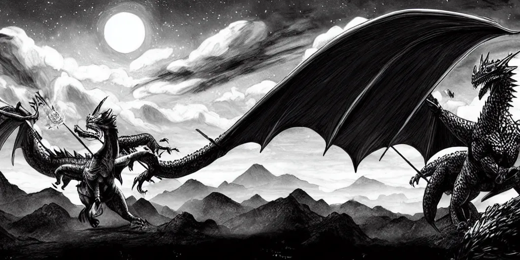 Image similar to archer fighting a dragon under the night sky in front of the mountains. dark fantasy style. epic fight. digital art. black and white. by kentaro miura