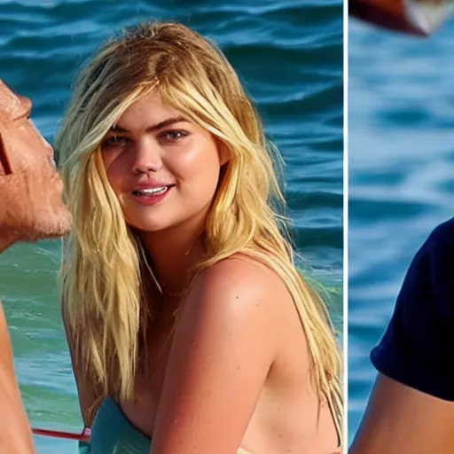 Image similar to john mayer is dating kate upton. they're on a boat. her bikini is showing. cinematic 8 k, depth of field