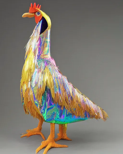 Image similar to maquette sculpture of a 7 foot tall giant chicken like prehistoric bird with iridescent feathers and wearing a yellow raincoat and gas mask. hyperreal