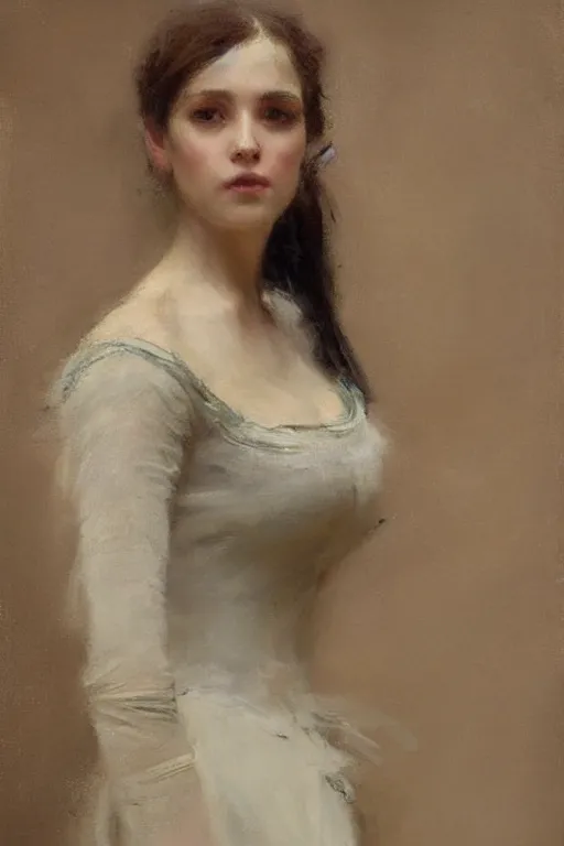 Image similar to Richard Schmid and Jeremy Lipking victorian genre painting full length portrait painting of a young beautiful woman victorian rich dancer