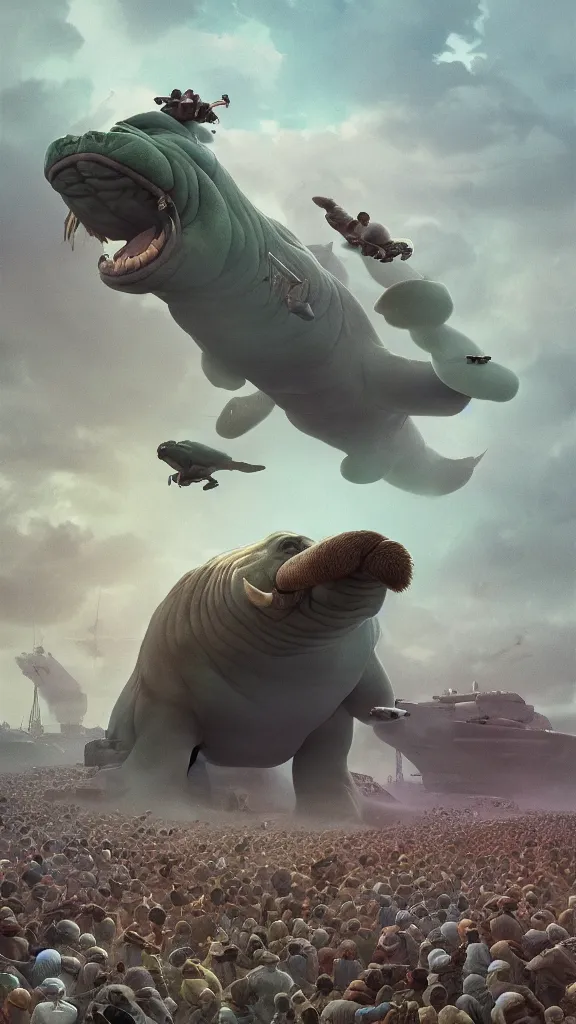 Image similar to a war between 1000s of Obama Hulks and One Epic Walrus by Beeple, 4K