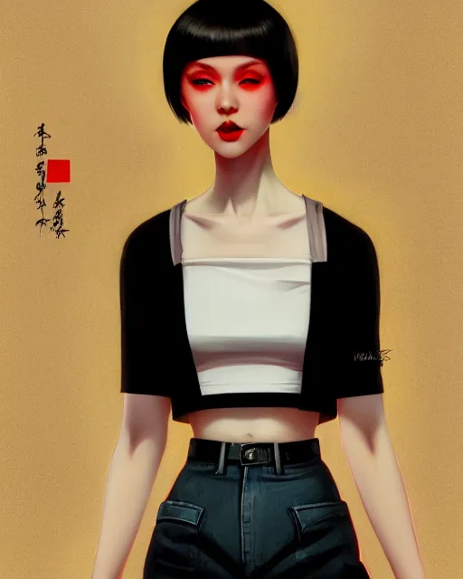 Image similar to a full body portrait of pale skin beauty in mini skirt and crop top, black hair, red lips, digital painting by ilya kuvshinov and ross tran and karol bak and stanley lau and anna dittmann and artgerm and xiaoguang sun and tian zi