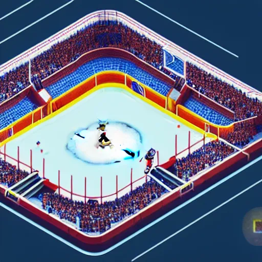 Prompt: Huge hockey arena game illustration, aerial view, isometric Voxel, pixel art, Blizzard, EASports, intricate, elegant, highly detailed, digital painting, artstation, concept art, smooth, sharp focus, art by Roman Klco and Shadow Run, brightly lit cinematic soft lighting, 4k