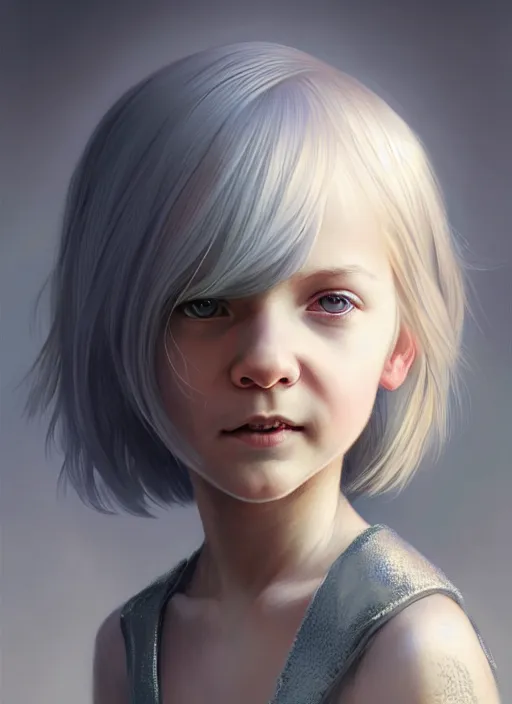 Prompt: Portrait of little girl, D&D fantasy, her hair is silver and styled in a Bob Cut, she has a joyful expression, and is wearing a lightly-colored dress. Intricate, highly detailed, digital painting, artstation, concept art, sharp focus, illustration, art by greg rutkowski and Ross Tran