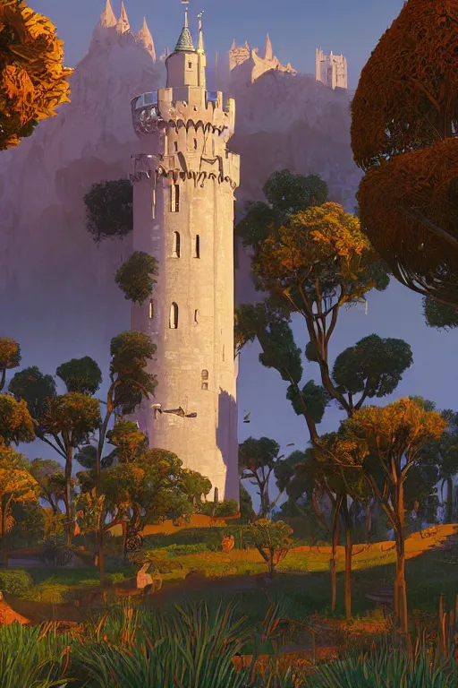 Image similar to view of the white tower of the moon in its gardens after a storm, fairytale illustration, tall windows, beautiful moorish tiles, dramatic cinematic lighting, rich colors, golden age illustration, by Sylvain Sarrailh and Nicholas Roerich and Ludwig Deutsch, unreal engine