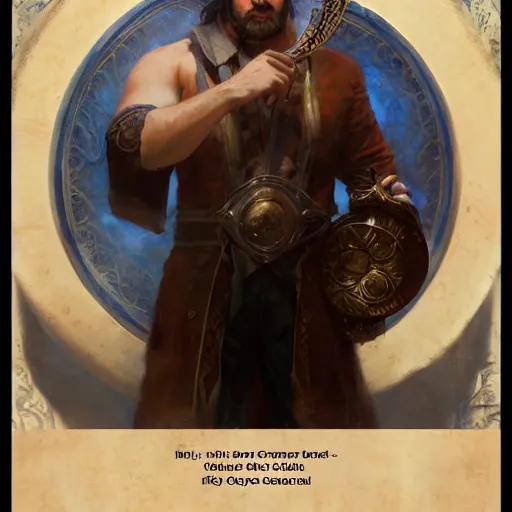 Prompt: well - groomed burly bard, thick goatee, bald, thoughtful expression, holding a gong, fantasy character portrait by greg rutkowski, gaston bussiere, craig mullins