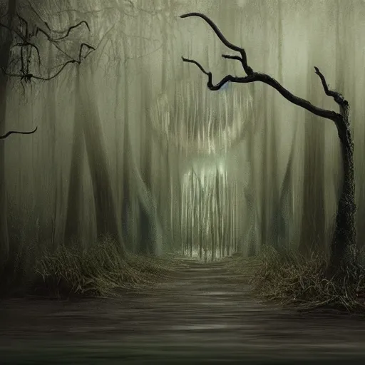 Image similar to concept, artistic swamp with mystic fog, horror movies, art station, mysterious, masterpiece, adams family