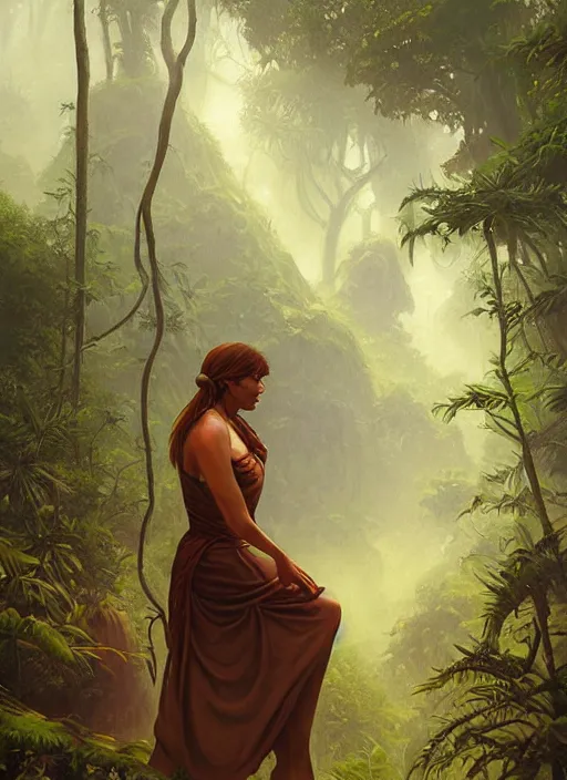 Image similar to a female herbalist in the jungle, art by christophe vacher