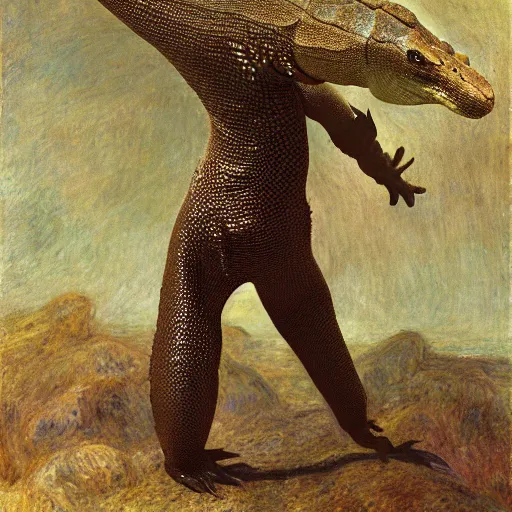 Image similar to bipedal refracting galactic ocean fractal monitor lizard backpack prune tequila , by Pierre-Auguste Renoir and De Es Schwertzberger and Tom Thomson , photography , dutch golden age , Zbrush Central