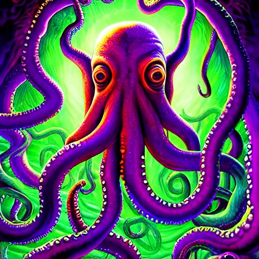 Image similar to Lovecraft Mythos Eldritch Octopus, 4D game fanart CGSociety by Dan Mumford, by Josephine Wall, Dan Witz and Lois van baarle, ilya kuvshinov, rossdraws global illumination, cosmic infused background