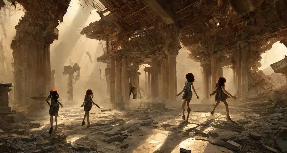 Image similar to Shool girls walking through the interior of an mytical and ancient temple in ruins, hyperdetailed, artstation, cgsociety, golden hour 8k