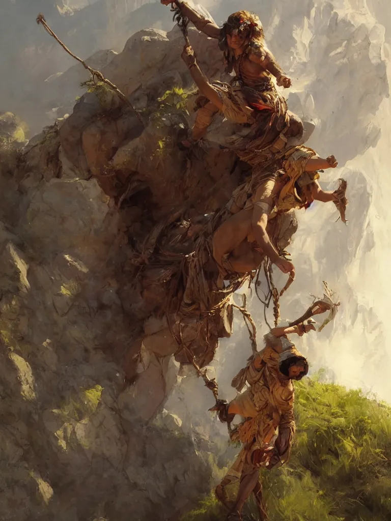 Prompt: oil art close - up portrait of one single young roma mage adventurer climbing down a cliffside in style of disco elysium character, gipsy jester character design from ravenloft, art by anders zorn, wonderful masterpiece by greg rutkowski, beautiful cinematic light, american romanticism by greg manchess, jessica rossier