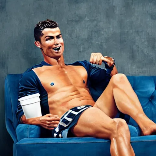 Image similar to a promo portrait of cristiano ronaldo crying sitting in a sofa, eating a bucket of ice cream,