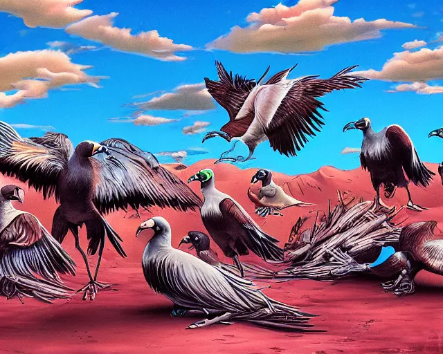 Image similar to cartoonish vultures feeding on carrion in the desert, caricature, surreal, colorful