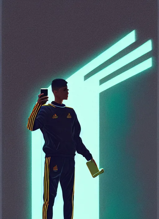 Image similar to portrait of slav heroine wearing an addidas tracksuit with a phone in hand. illuminated phone screen, by greg rutkowski and wlop, detailed, cinematic, 8 k, intricate, rule of thirds.