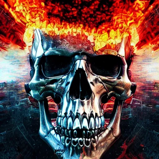 Image similar to terminator skull on flaming town background, acrilic paint, digital, artstation, detailed intricate ink illustration, heavenly atmosphere, digital art, overdetailed art, concept art, complementing colors, trending on artstation, cgstudio, the most beautiful image ever created, dramatic, subtle, details, award winning artwork, beautiful scenery