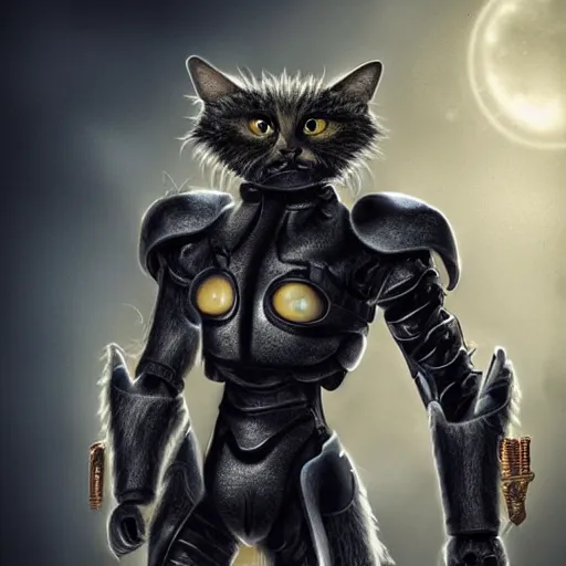 Image similar to humanoid with cat-like features in futuristic armor, yellow eyes, teeth that protrude past the lower lip and fine grayish fur on their faces and backs of their hands and carrying weapons,