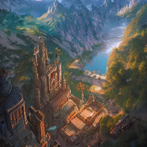 Prompt: a birds eye view overlooking an ancient fantasy city surrounded by mountains and trees of greens and browns, rivers and lakes but the city has been corrupted by a dark evil by Jordan Grimmer, Asher Brown Durand and Ryan Dening, 8k, artstation, beautiful color pallette