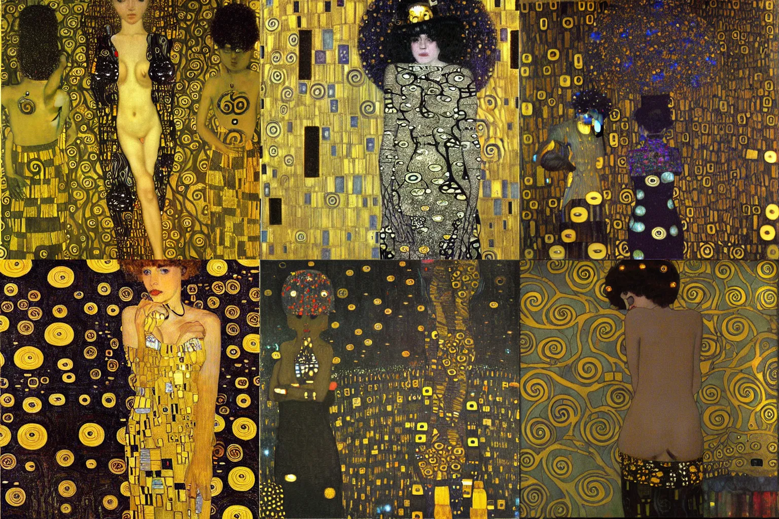 Prompt: secret tea society, night lights, dark color, art by klimt gustav