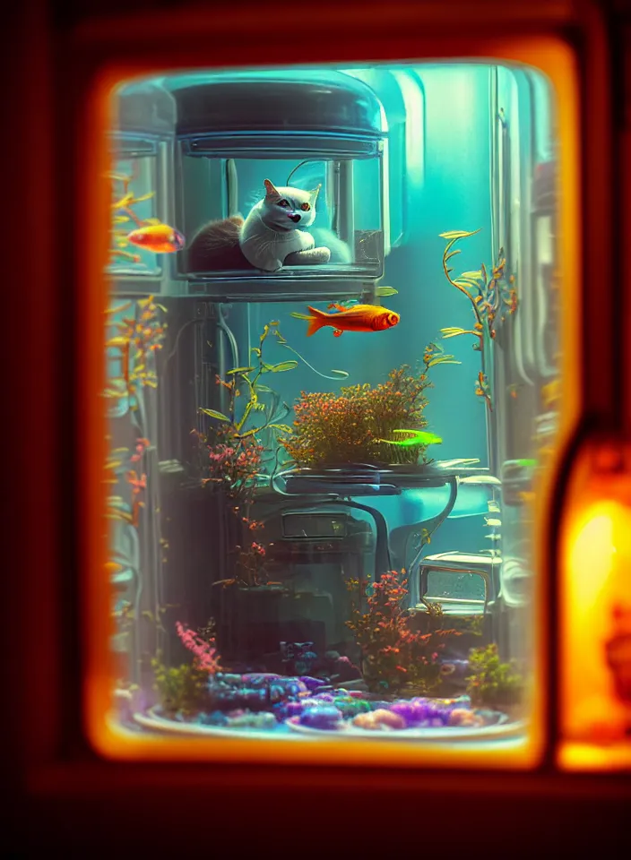 Image similar to telephoto 7 0 mm f / 2. 8 iso 2 0 0 photograph depicting the feeling of chrysalism in a cosy safe cluttered french sci - fi ( ( art nouveau ) ) cyberpunk apartment in a pastel dreamstate art cinema style. ( cat ) ( ( fish tank ) ), ambient light.