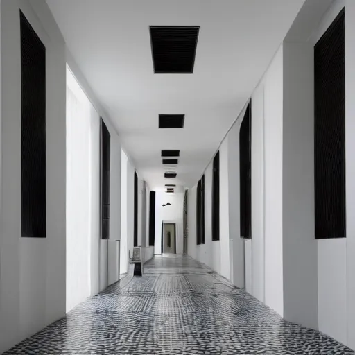 Image similar to photo of a vast interior space of irregular rooms and corridors. ceramic white tiles on all the walls.