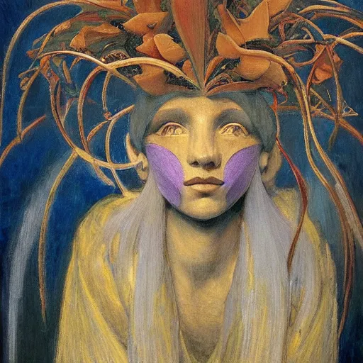 Image similar to masterpiece painting of a facemask made of stylized flowers, by annie swynnerton and jean delville and tino rodriguez and john watkiss and rufino tamayo, flower mask, art deco shaman, symbolist, dramatic lighting, god rays, elaborate geometric ornament, modern realism, clean crisp graphics, soft cool colors, smooth, sharp focus, extremely detailed