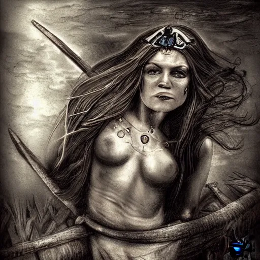 Image similar to !dream A beautiful woman warrior, faded background of a pirate ship at a deserted island, realism drawing
