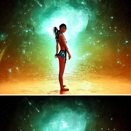 Image similar to bikini anime girl bioluminescent paddleboarding through deep space by highway man painting, stars, galaxies, photorealistic, high resolution, vray, hdr, hyper detailed, insane details, intricate, elite, ornate, elegant, luxury, dramatic lighting, octane render, weta digital, micro details, 3 d sculpture