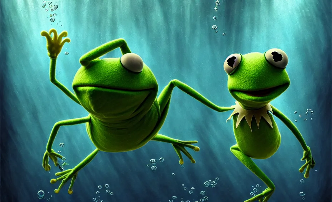 Image similar to epic professional digital art of kermit the frog underwater, faint blue moody atmospheric lighting, underwater octopod life, painted, intricate, detailed, foreboding, by leesha hannigan, wayne haag, reyna rochin, ignacio fernandez rios, mark ryden, iris van herpen,, epic, stunning, gorgeous, much wow, cinematic, masterpiece.