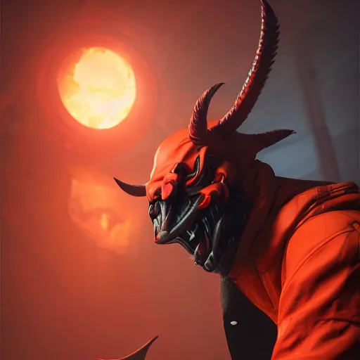 Image similar to villain wearing a red oni mask, orange jacket, dark background, unreal engine 5, ultra realistic, detailed, fog, volumetric lighting, by greg rutkowski,