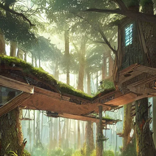 Image similar to concept art painting of treehouses made out of trees, walkways between trees, trees with doors and windows in a deep forest, realistic, detailed, cel shaded, in the style of makoto shinkai and greg rutkowski and james gurney