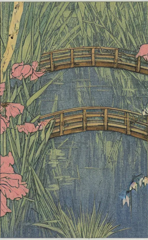 Prompt: by akio watanabe, manga art, wooden lake bridge and iris flowers, trading card front