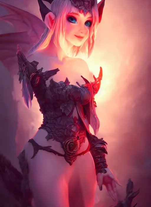 Image similar to imp demon goddess, cute elf ears, strapless dress, character portrait in the style of thomas river and artgerm, cinematic lighting, hyperdetailed, 8 k realistic, symmetrical, global illumination, radiant light,, frostbite 3 engine, cryengine, dof, trending on artstation, digital art, chanel