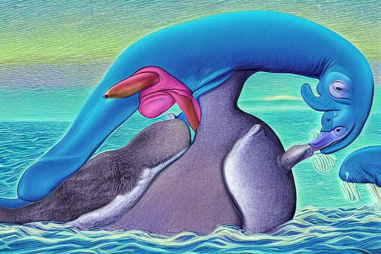 Prompt: digital art of a cassowary and a beluga whale relaxing together by alex grey, flooko, beach, detailed, cartoon, etheral, glows