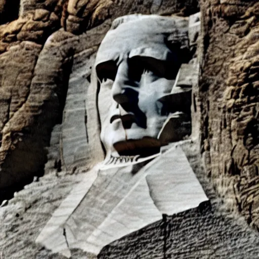 Image similar to Mount Rushmore being eaten like a cake by a huge alien, realistic, video, 35mm