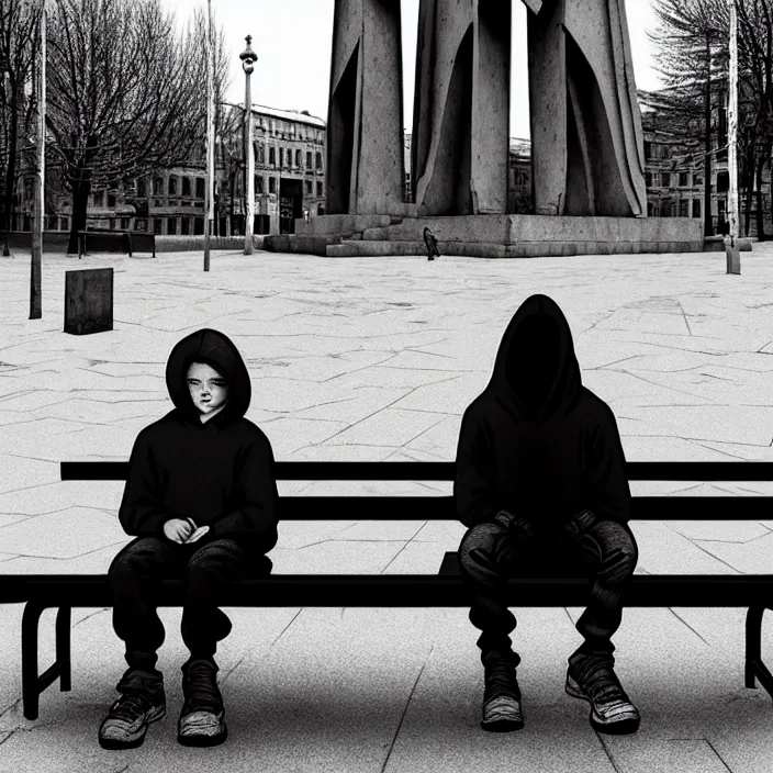 Image similar to sadie sink in hoodie sits on bench in ruined square, pedestrians walk by. background of old soviet monument and pedestrians. storyboard, scifi cyberpunk. by gabriel hardman, joe alves, chris bonura. cinematic atmosphere, detailed and intricate, perfect anatomy