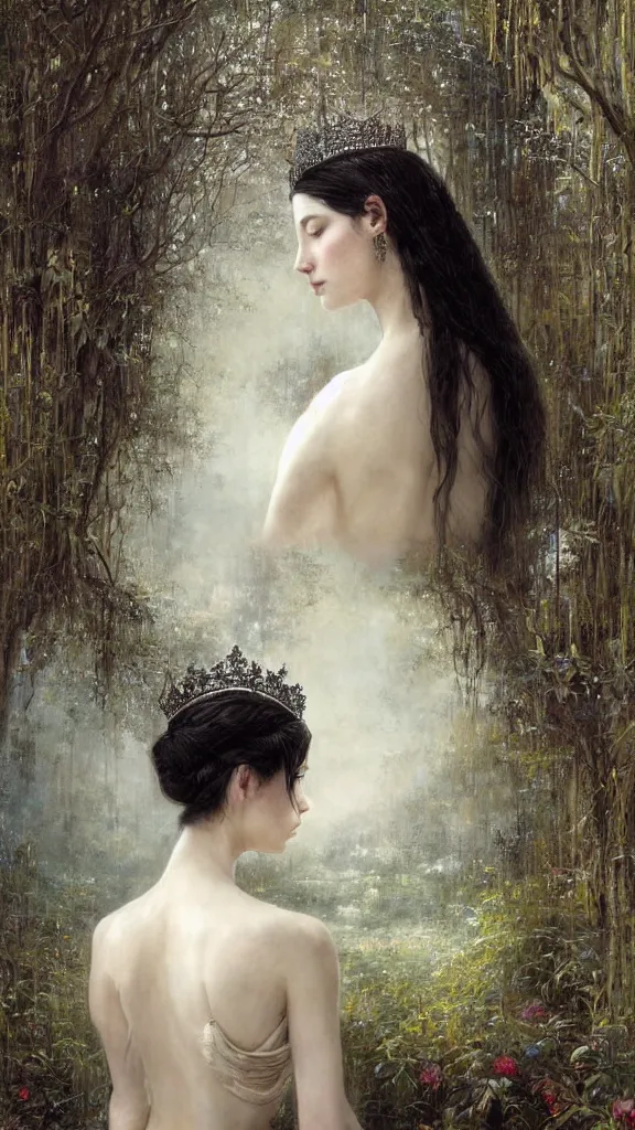 Image similar to secret view from behind wide mirror of a beautiful black haired woman with pale skin and a crown on her head sitted on an intricate metal throne, very deep stillness atmosphere, silence, dimension of still moment, spiritual feeling, digital art, by daniel ridgway knight