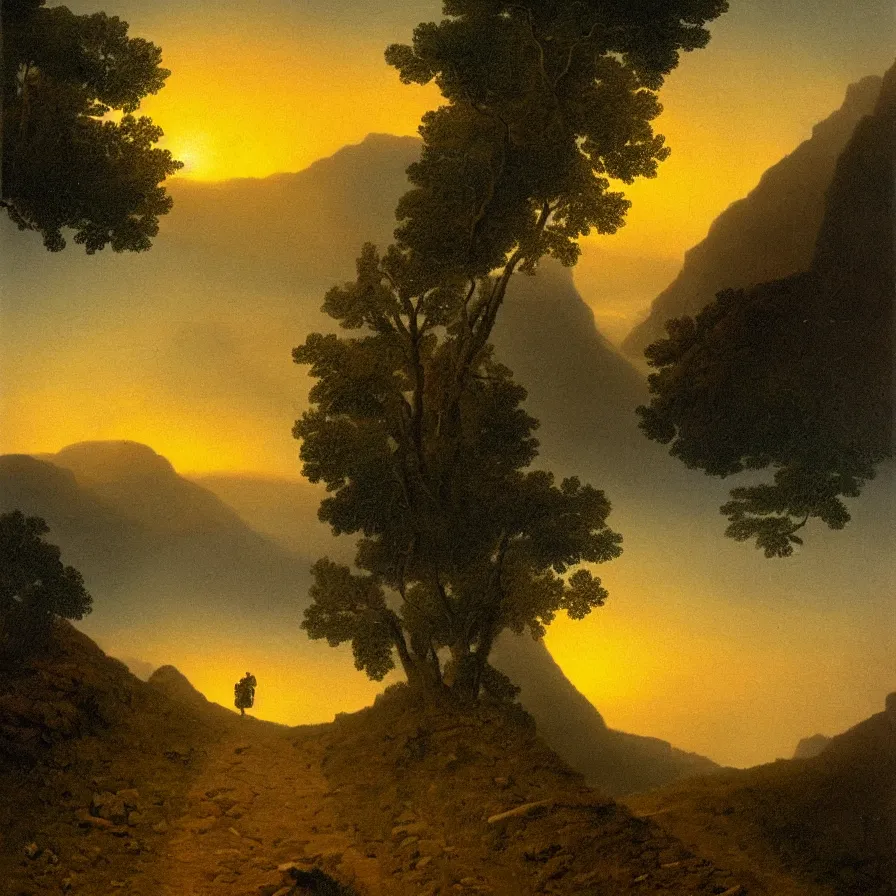 Prompt: surrealist neoclassicist artwork about walking the mountain road towards the sunrise horizon. atmospheric.