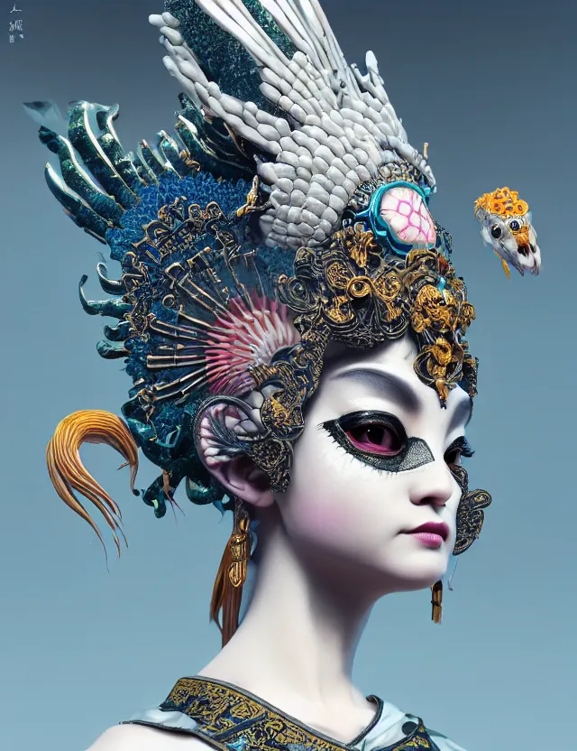 Image similar to 3 d goddess close - up profile portrait with crown, ram skull. beautiful intricately detailed punk japanese crow kitsune mask and clasical japanese kimono. betta fish, jellyfish phoenix, bio - luminescent, plasma, ice, water, wind, creature, artwork by tooth wu and wlop and beeple and greg rutkowski