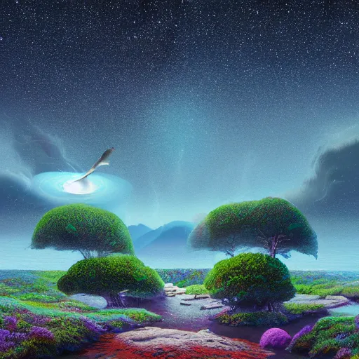 Prompt: sharp blooming atlantic space disk coot ash tree toast rock album cover , by Ernst Max and Bob Ross and Beeple , digital illustration , Global Illumination , black velvet painting