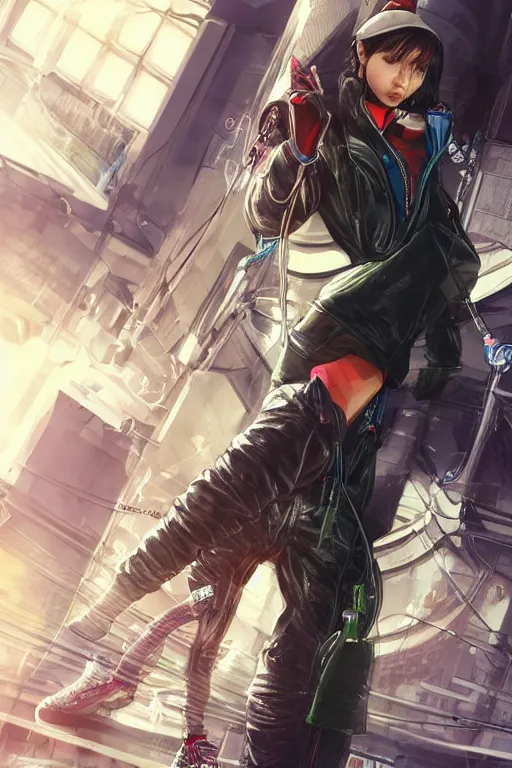 Image similar to a full body illustration of an Asian female cyberpunk character wearing baggy techwear jacket, leather pants and tennis shoes, highly detailed, soft lighting, by Glenn Fabry, HD, 4K