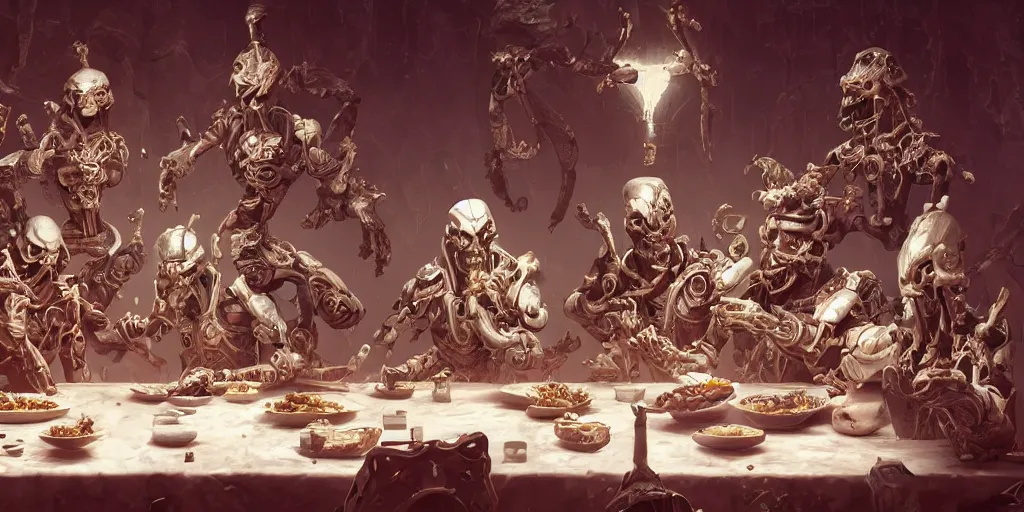 Image similar to hitech robo - apostles having last supper. intricate frobot faces. highly detailed, digital painting, artstation, concept art, smooth, sharp focus, illustration, art by pascal blanche