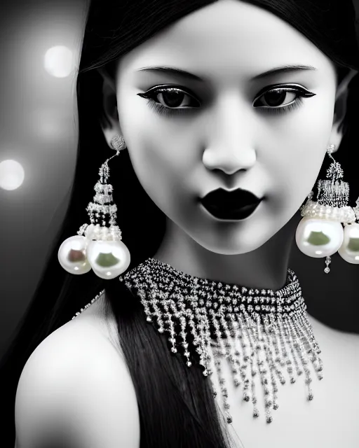 Image similar to black and white dreamy young beautiful female artificial intelligence, ornament very small pearls in the face, long hair are intricate with highly detailed small pearls, cinematic, rim light, bokeh, photo - realistic, elegant, high detail, 8 k, masterpiece, photo taken in 1 9 3 0