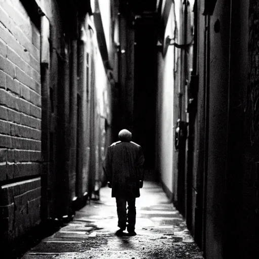 Image similar to a gloomy alley, a man stands in the darkness but the white of his eyes can be seen, dark, gloomy, skeptical